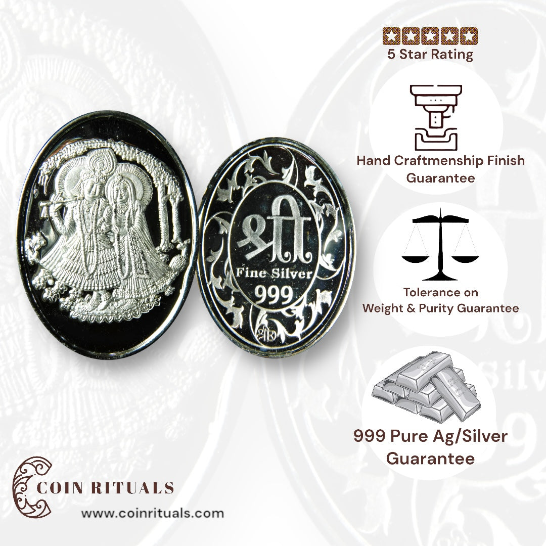 Goddess Radha & Krishna - 3D Silver Coin 24KT Purity 999 Round Shape - Backside Shree - Coin Rituals