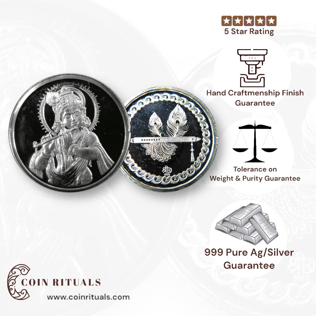 God Krishna - 3D Silver Coin 24KT Purity 999 Round Shape - Backside Feather And Flute/Basuri - Coin Rituals