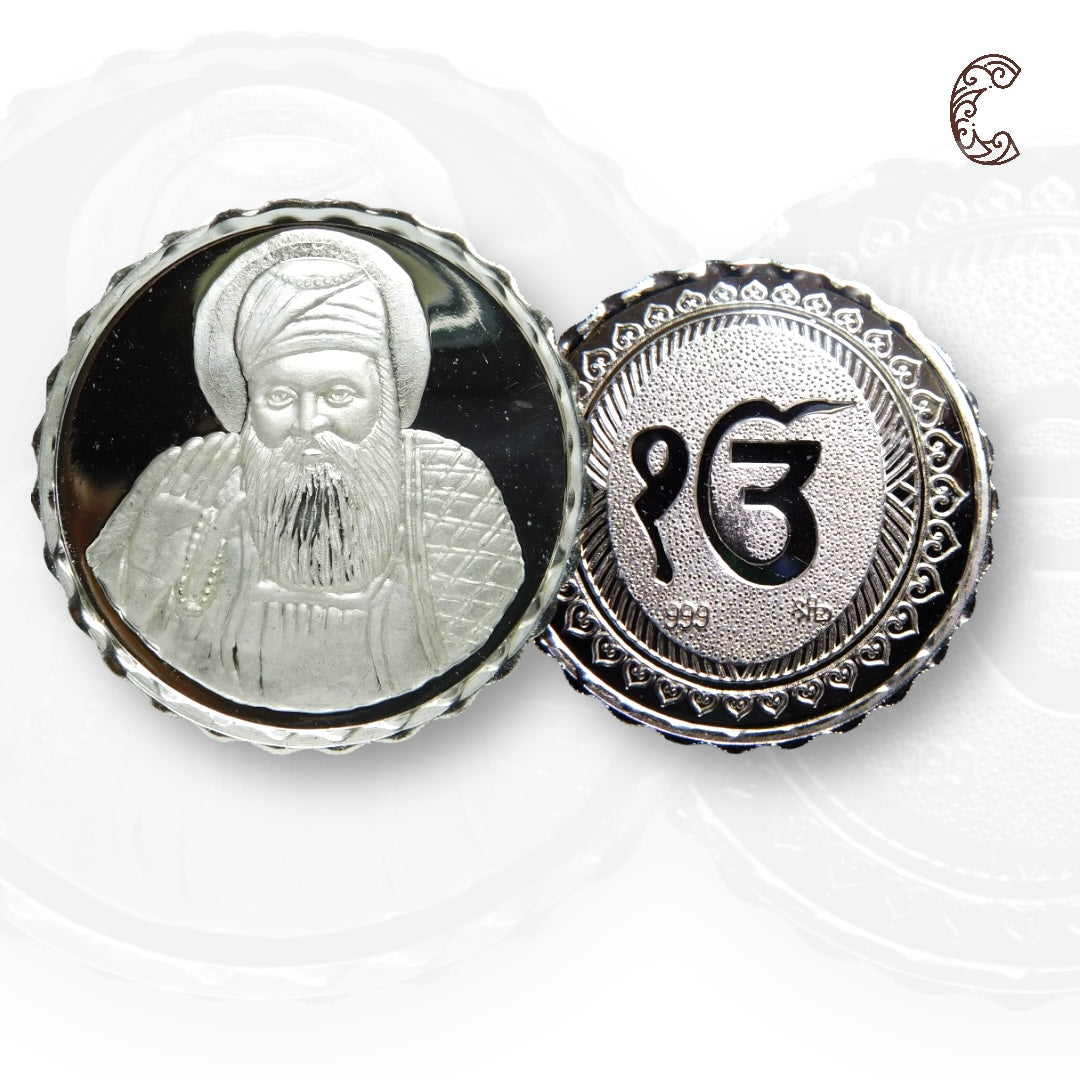 Guru Nanak Dev - 3D Silver Coin 24KT Purity 999 Round Shape - Backside Ek Onkar - Coin Rituals