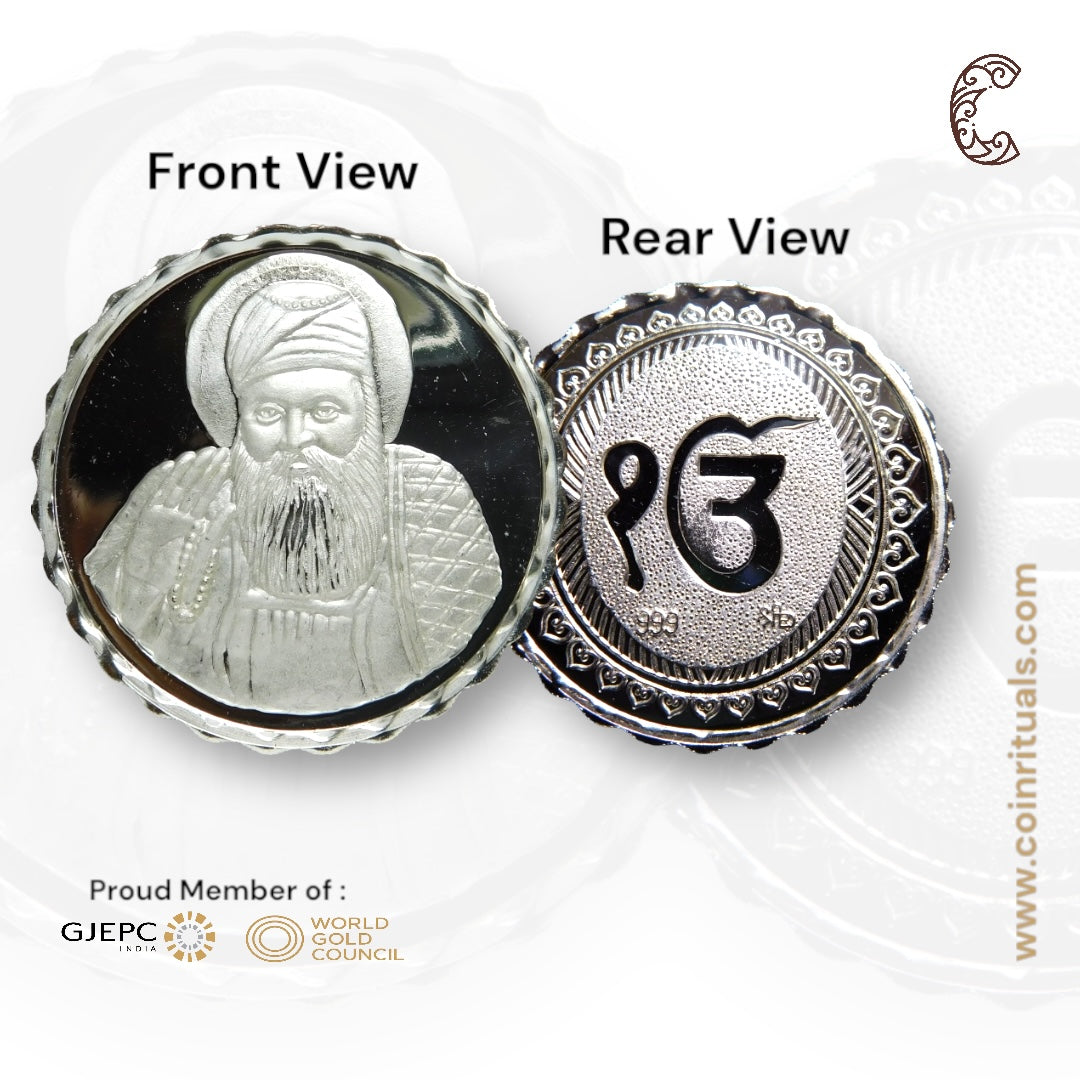 Guru Nanak Dev - 3D Silver Coin 24KT Purity 999 Round Shape - Backside Ek Onkar - Coin Rituals