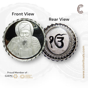 Guru Nanak Dev - 3D Silver Coin 24KT Purity 999 Round Shape - Backside Ek Onkar - Coin Rituals
