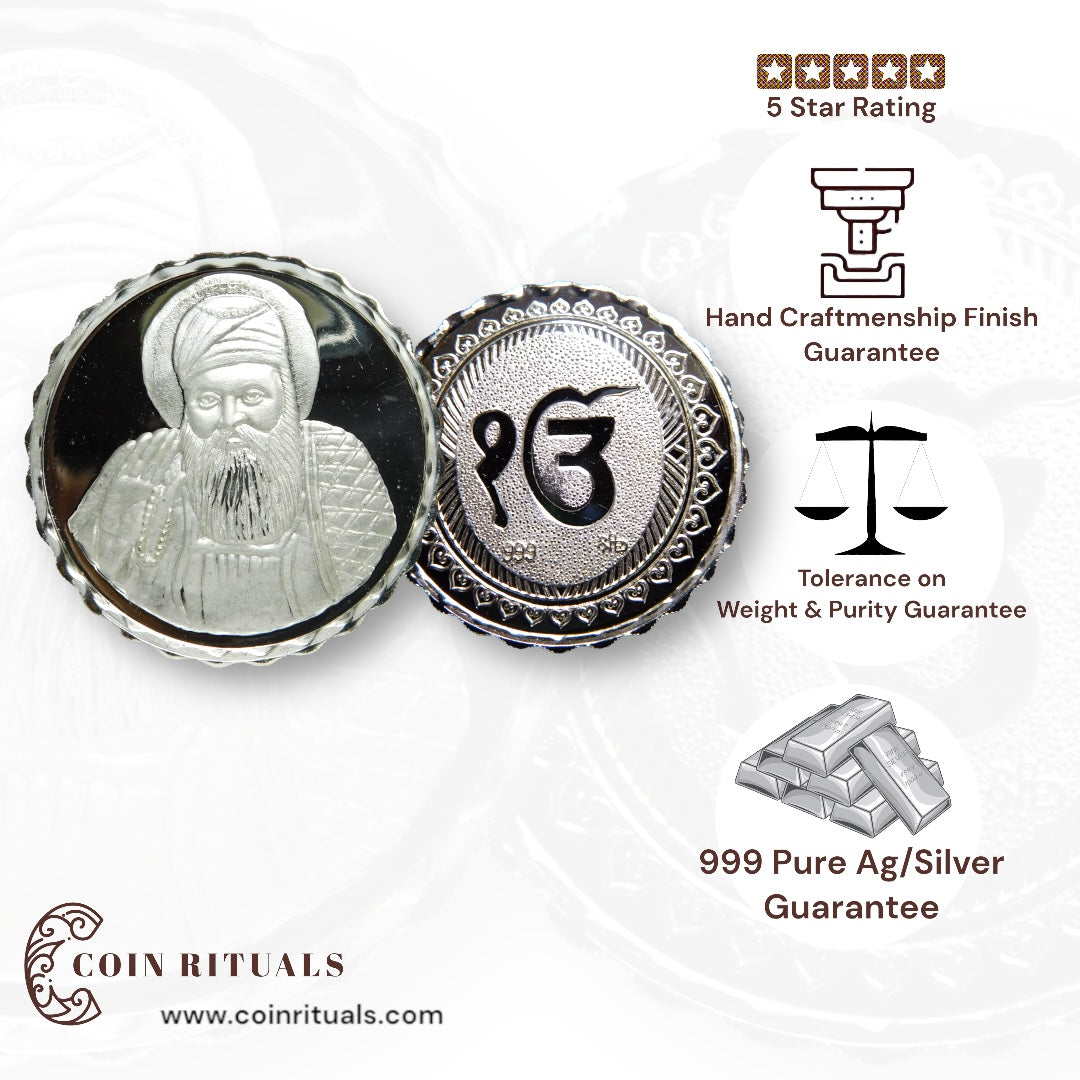 Guru Nanak Dev - 3D Silver Coin 24KT Purity 999 Round Shape - Backside Ek Onkar - Coin Rituals