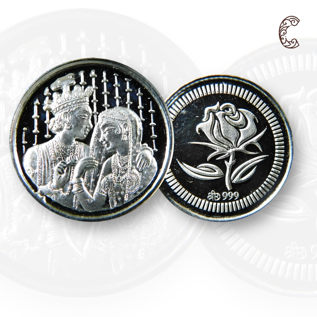 Bride Groom - 3D Silver Coin 24KT Purity 999 Round Shape - Backside Flower - Coin Rituals