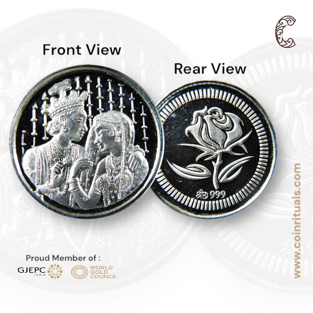 Bride Groom - 3D Silver Coin 24KT Purity 999 Round Shape - Backside Flower - Coin Rituals
