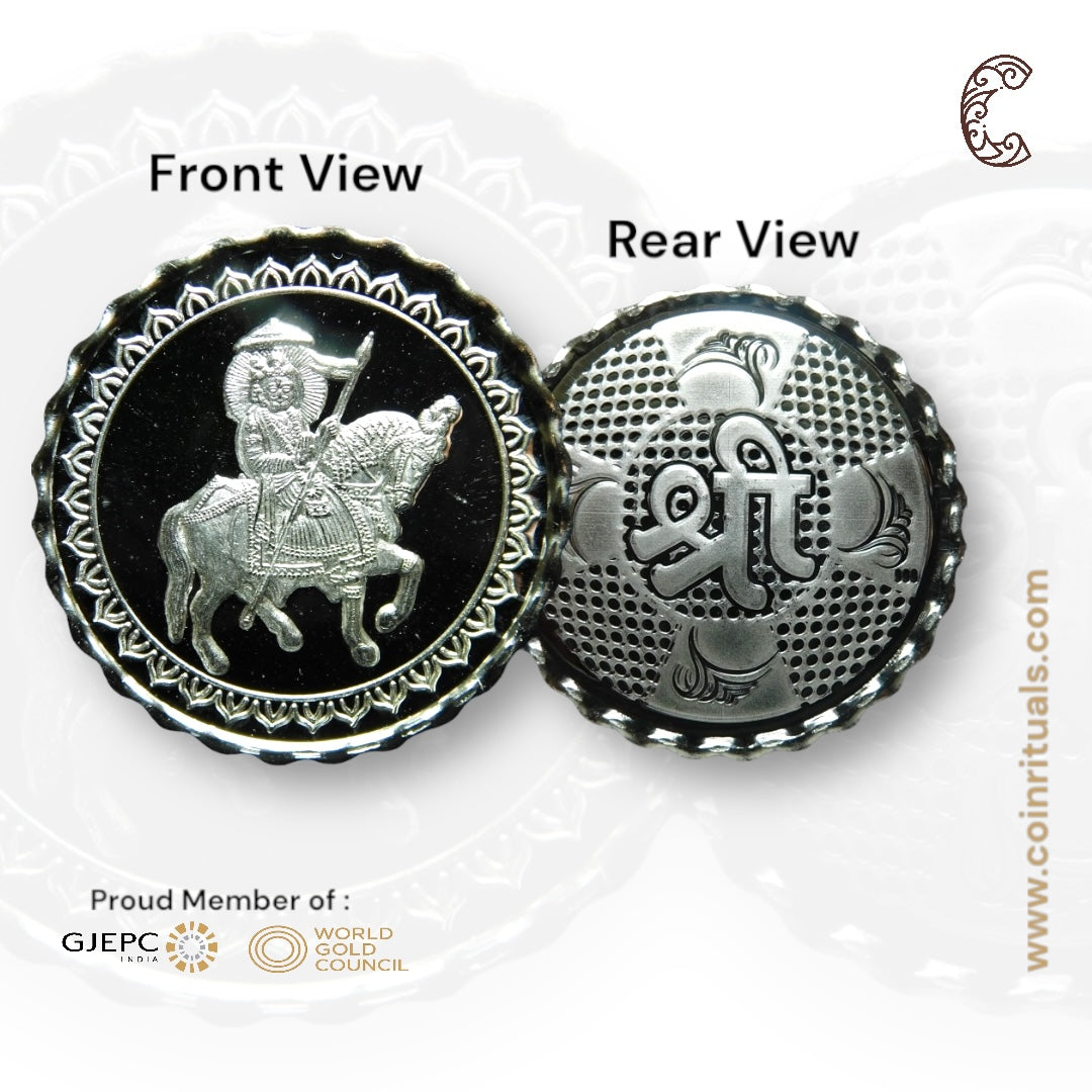 Baba Ramdev - 3D Silver Coin 24KT Purity 999 Round Shape - Backside Shree - Coin Rituals
