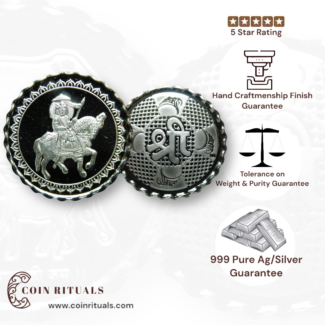 Baba Ramdev - 3D Silver Coin 24KT Purity 999 Round Shape - Backside Shree - Coin Rituals