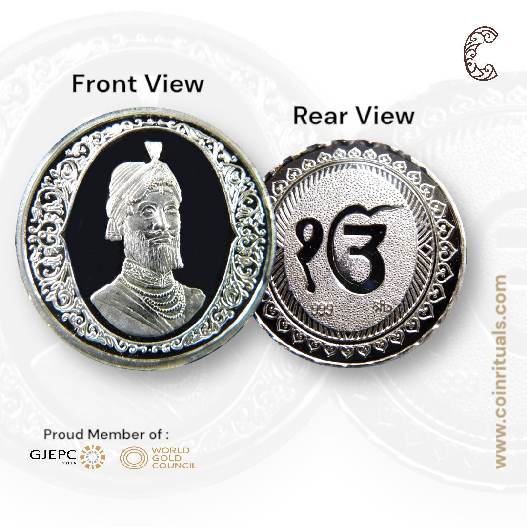 Guru Gobin Singh - 3D Silver Coin 24KT Purity 999 Round Shape - Backside Ek Onkar - Coin Rituals