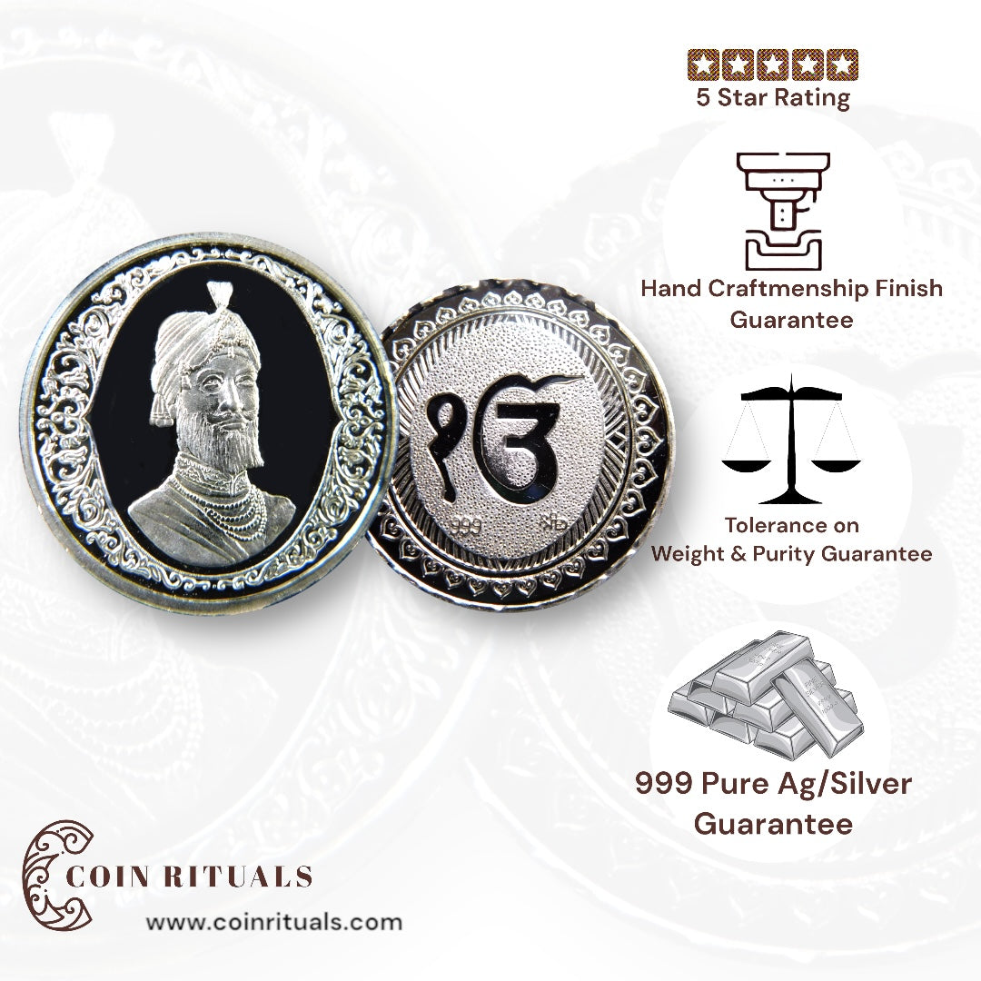 Guru Gobin Singh - 3D Silver Coin 24KT Purity 999 Round Shape - Backside Ek Onkar - Coin Rituals