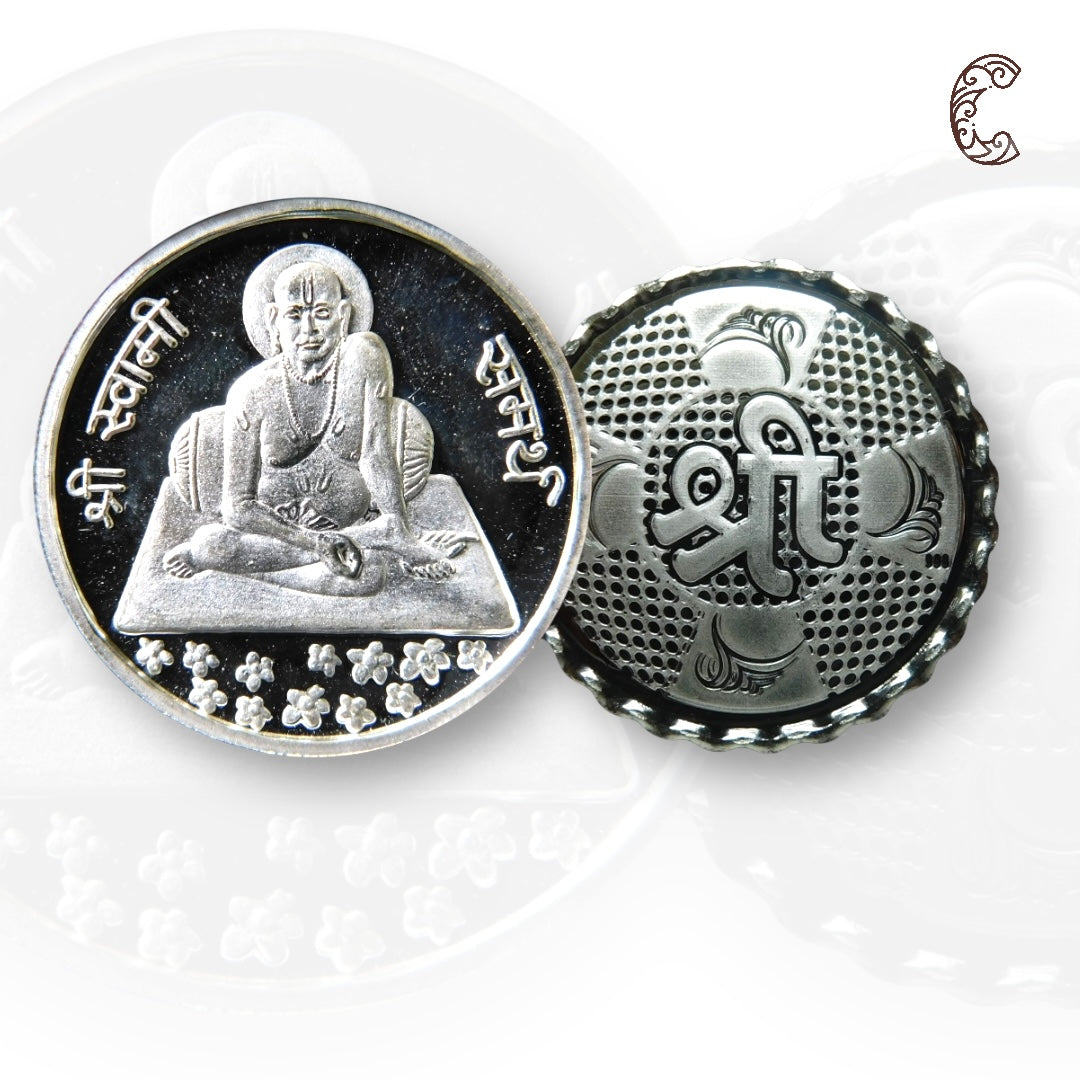 Swamy Samarth - 3D Silver Coin 24KT Purity 999 Round Shape - Backside Shree - Coin Rituals