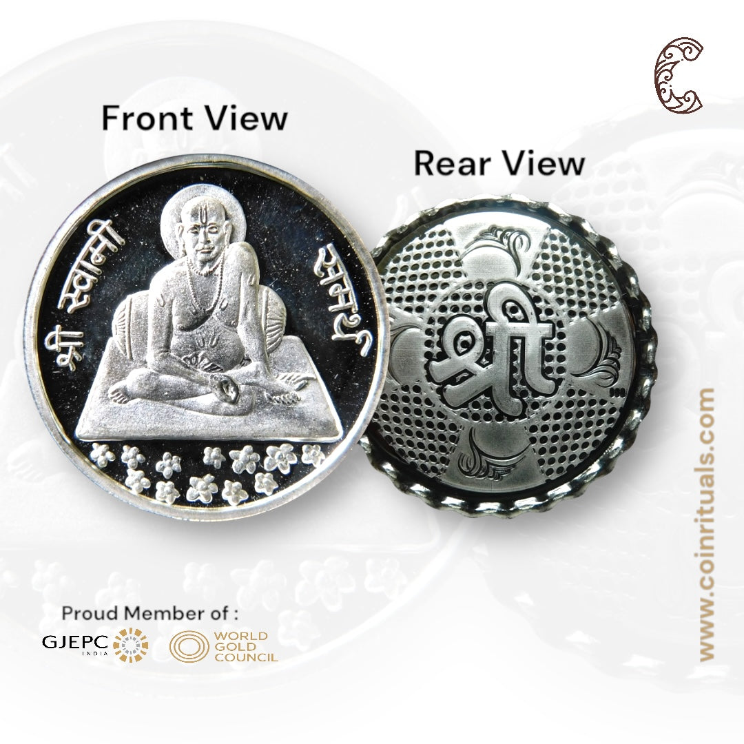 Swamy Samarth - 3D Silver Coin 24KT Purity 999 Round Shape - Backside Shree - Coin Rituals