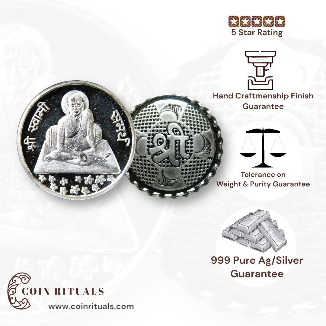 Swamy Samarth - 3D Silver Coin 24KT Purity 999 Round Shape - Backside Shree - Coin Rituals