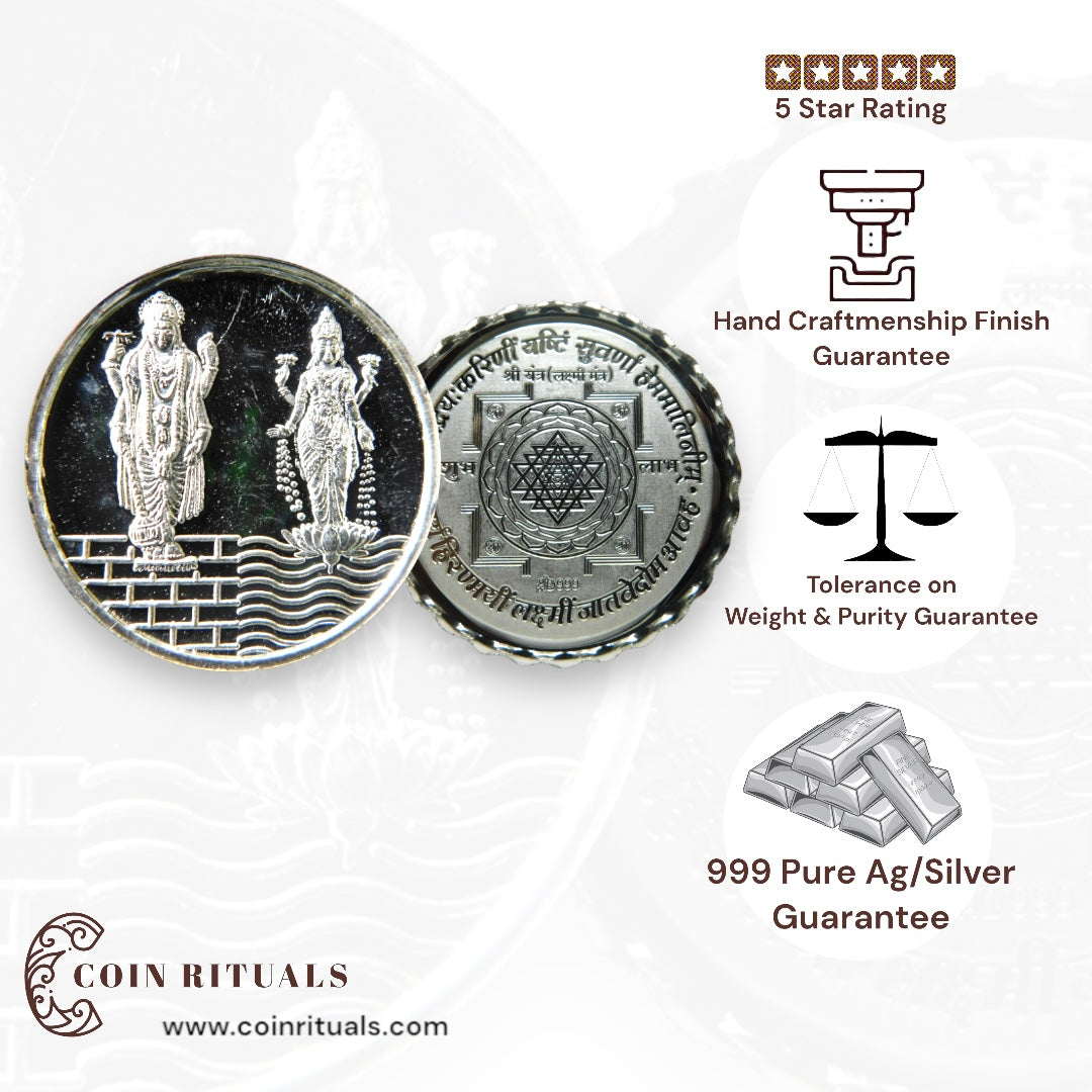 God Vishnu & Lakshmi Standing - 3D Silver Coin 24KT Purity 999 Round Shape Front side- Backside Shree Yantra - Coin Rituals