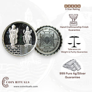 God Vishnu & Lakshmi Standing - 3D Silver Coin 24KT Purity 999 Round Shape Front side- Backside Shree Yantra - Coin Rituals