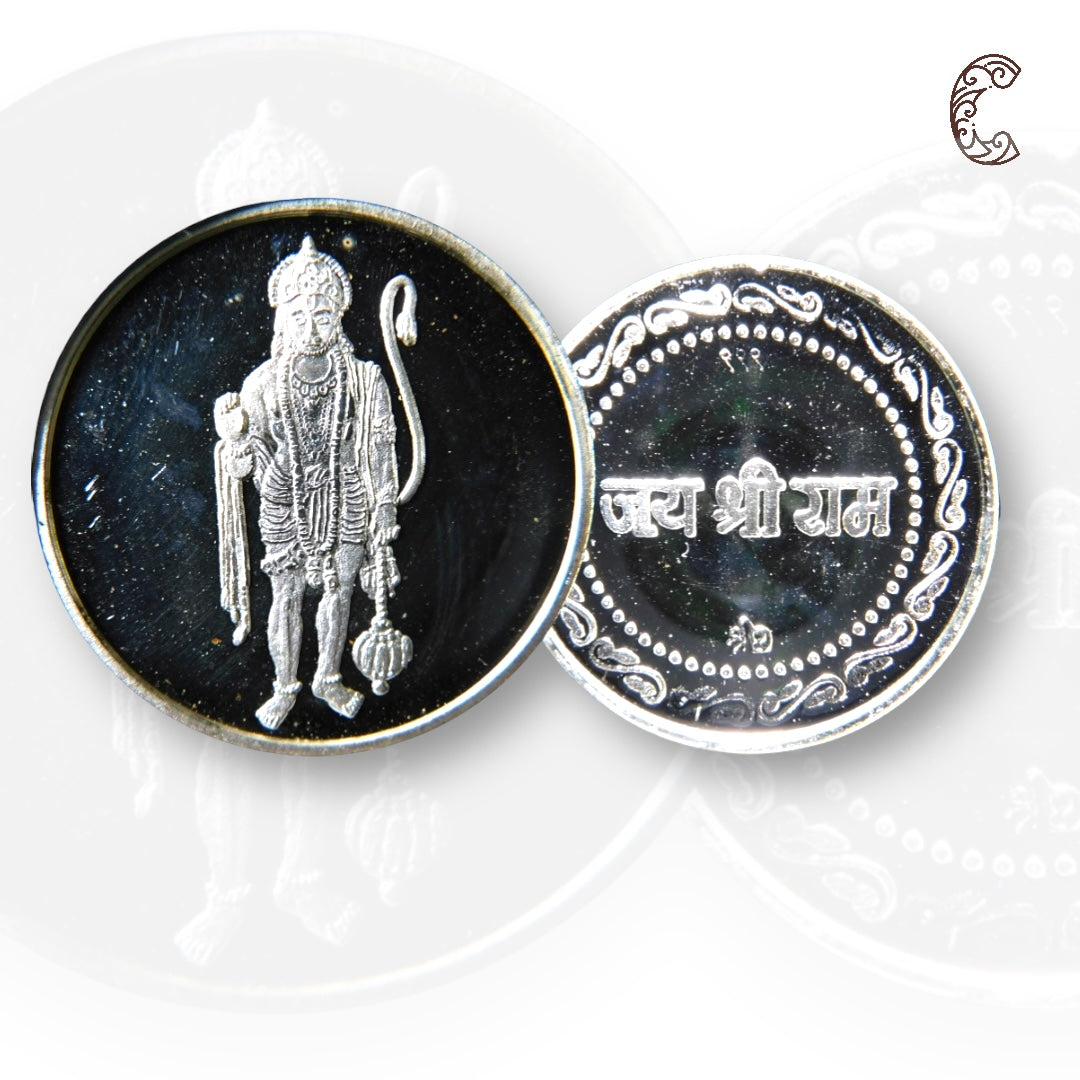 God Hanuman / Anjayenulu swamy - 3D Silver Coin 24KT Purity 999 Round Shape - Backside Jai Shree Ram - Coin Rituals