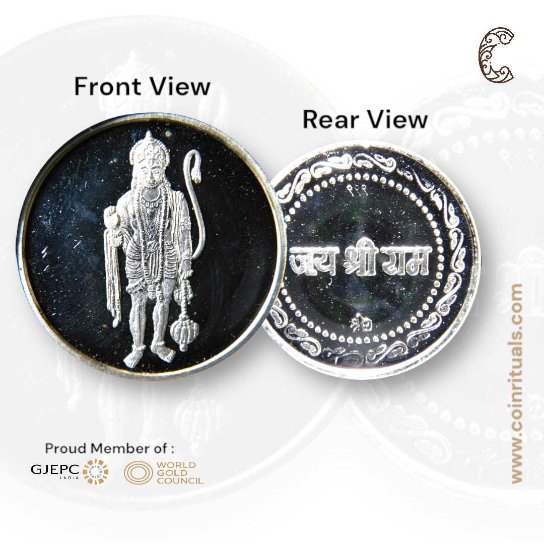 God Hanuman / Anjayenulu swamy - 3D Silver Coin 24KT Purity 999 Round Shape - Backside Jai Shree Ram - Coin Rituals