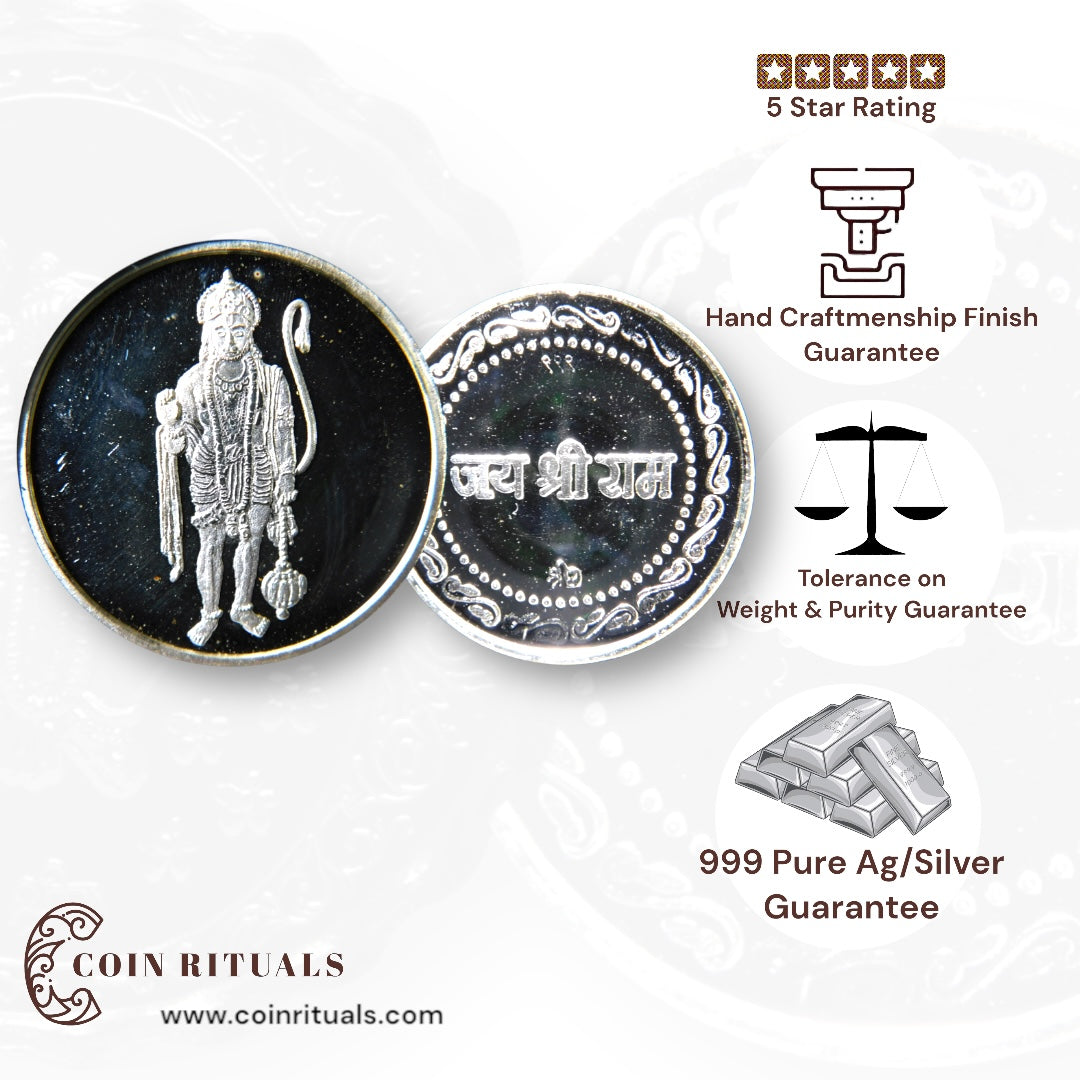 God Hanuman / Anjayenulu swamy - 3D Silver Coin 24KT Purity 999 Round Shape - Backside Jai Shree Ram - Coin Rituals