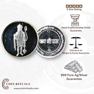 God Hanuman / Anjayenulu swamy - 3D Silver Coin 24KT Purity 999 Round Shape - Backside Jai Shree Ram - Coin Rituals