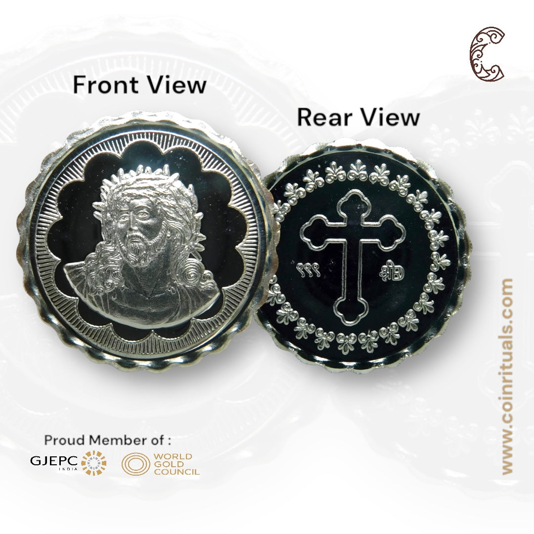 God Jesus Christ - 3D Silver Coin 24KT Purity 999 Round Shape - Backside Cross - Coin Rituals