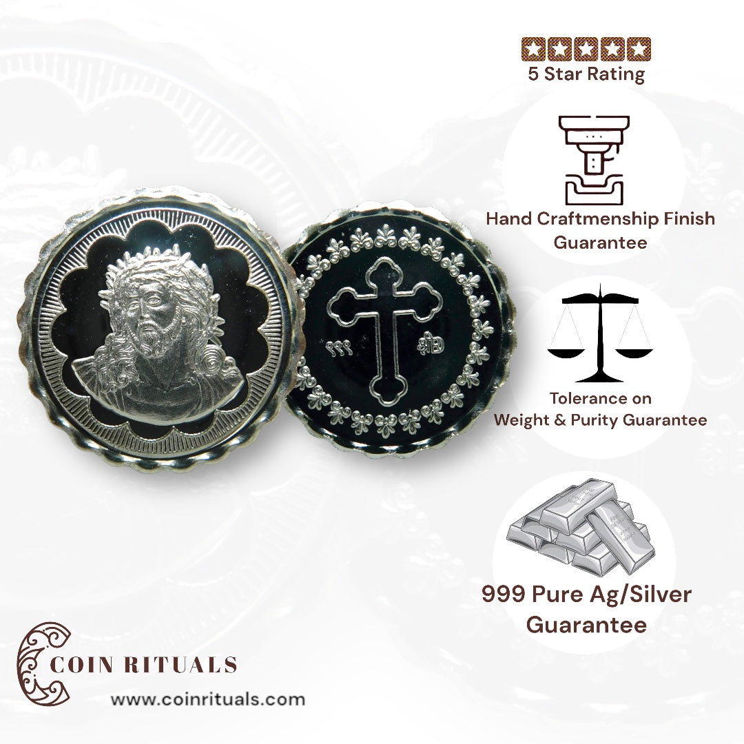 God Jesus Christ - 3D Silver Coin 24KT Purity 999 Round Shape - Backside Cross - Coin Rituals