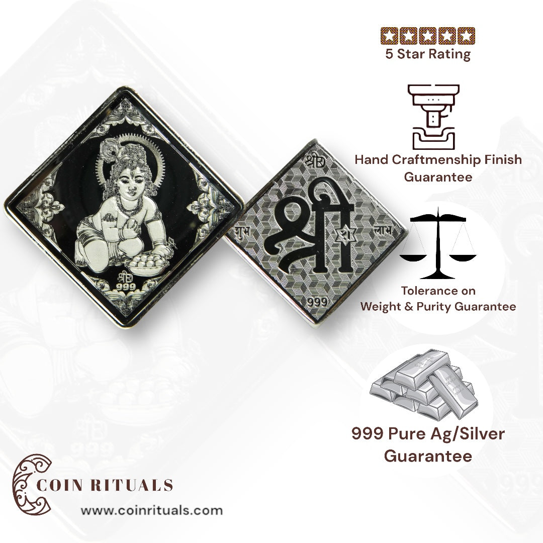 God Laddu Gopal - 3D Silver Coin 24KT Purity 999 Round Shape Front side- Backside Shree - Coin Rituals