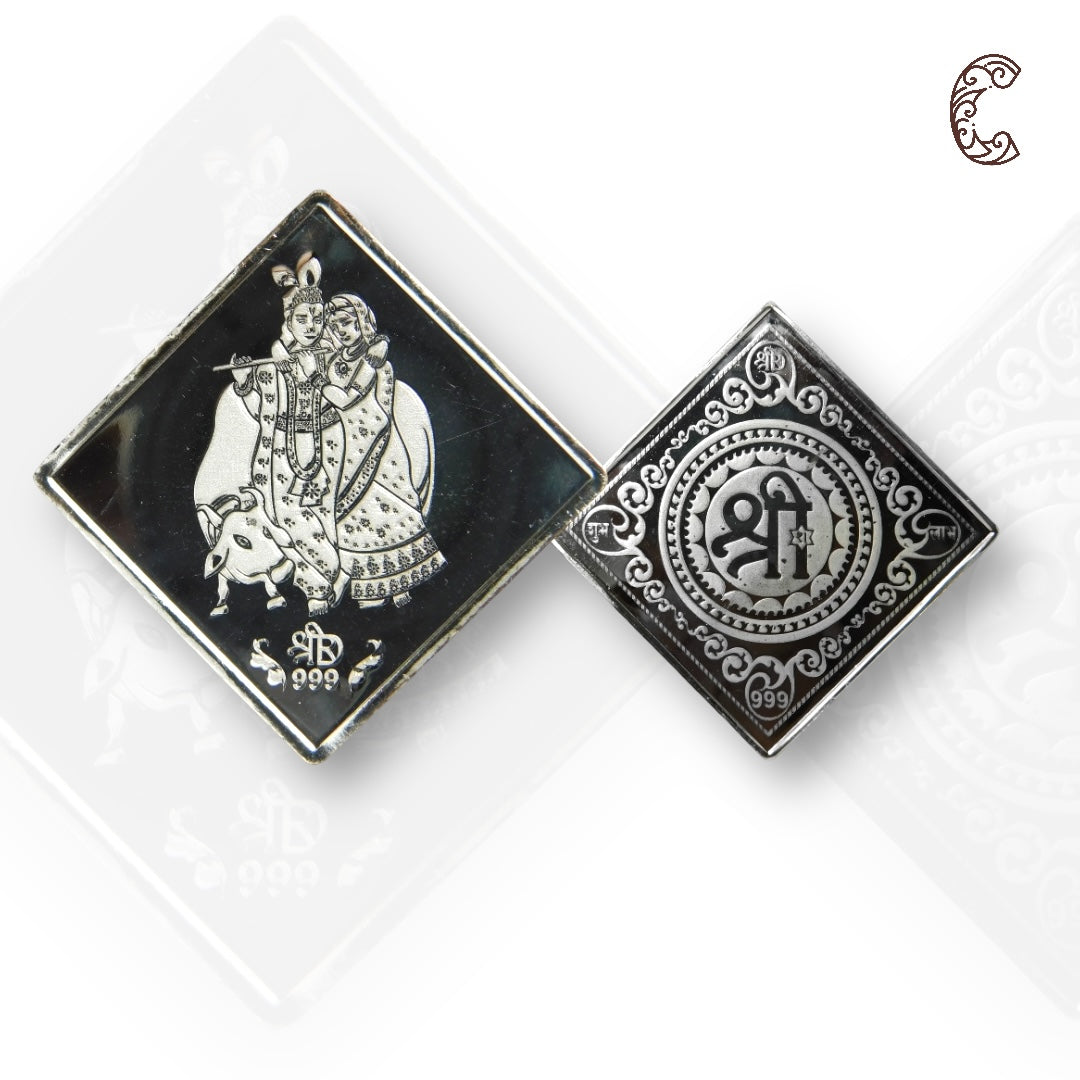 Goddess Radha & Krishna - 3D Silver Coin 24KT Purity 999 Round Shape - Backside Shree - Coin Rituals