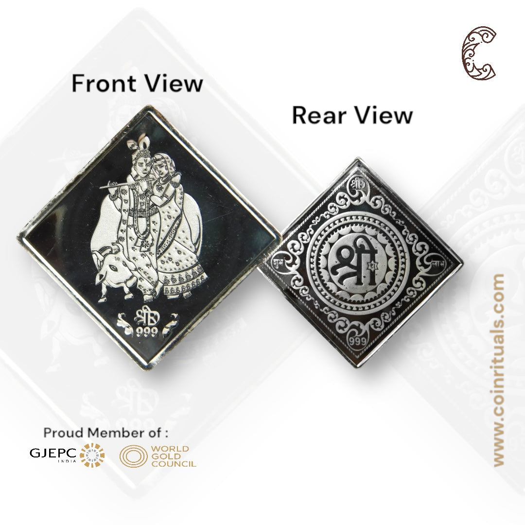 Goddess Radha & Krishna - 3D Silver Coin 24KT Purity 999 Round Shape - Backside Shree - Coin Rituals
