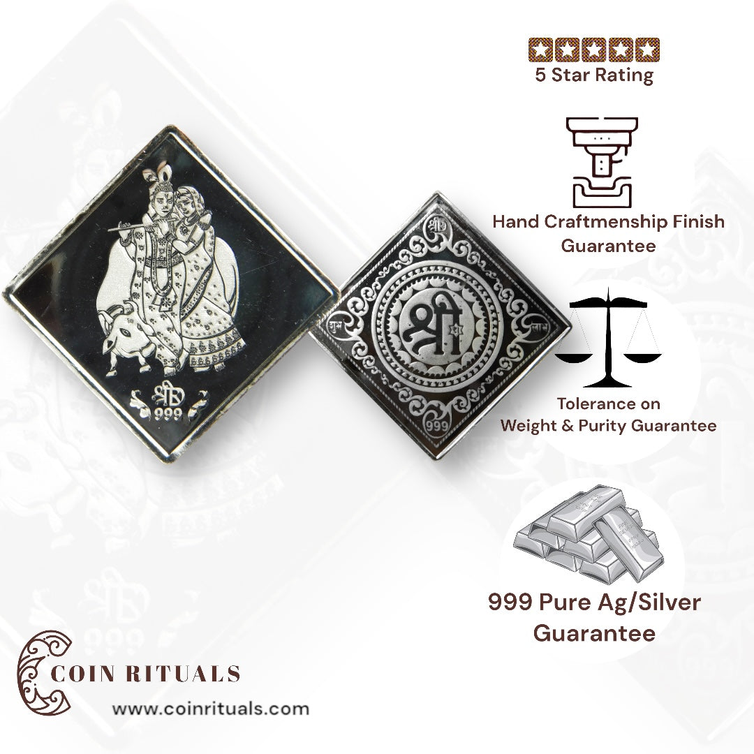 Goddess Radha & Krishna - 3D Silver Coin 24KT Purity 999 Round Shape - Backside Shree - Coin Rituals