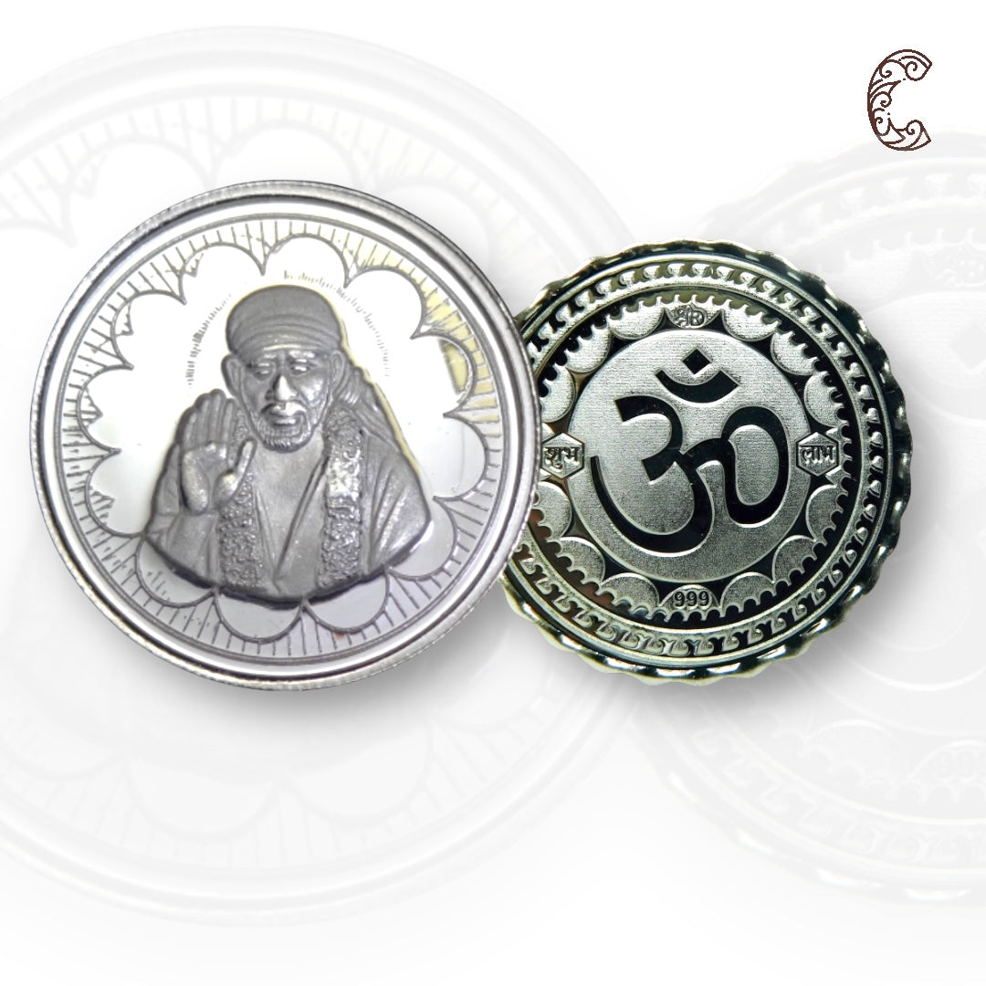 God Sai Baba - 3D Silver Coin 24KT Purity 999 Round Shape - Backside Om - Coin Rituals