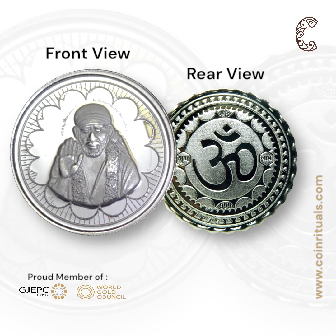 God Sai Baba - 3D Silver Coin 24KT Purity 999 Round Shape - Backside Om - Coin Rituals