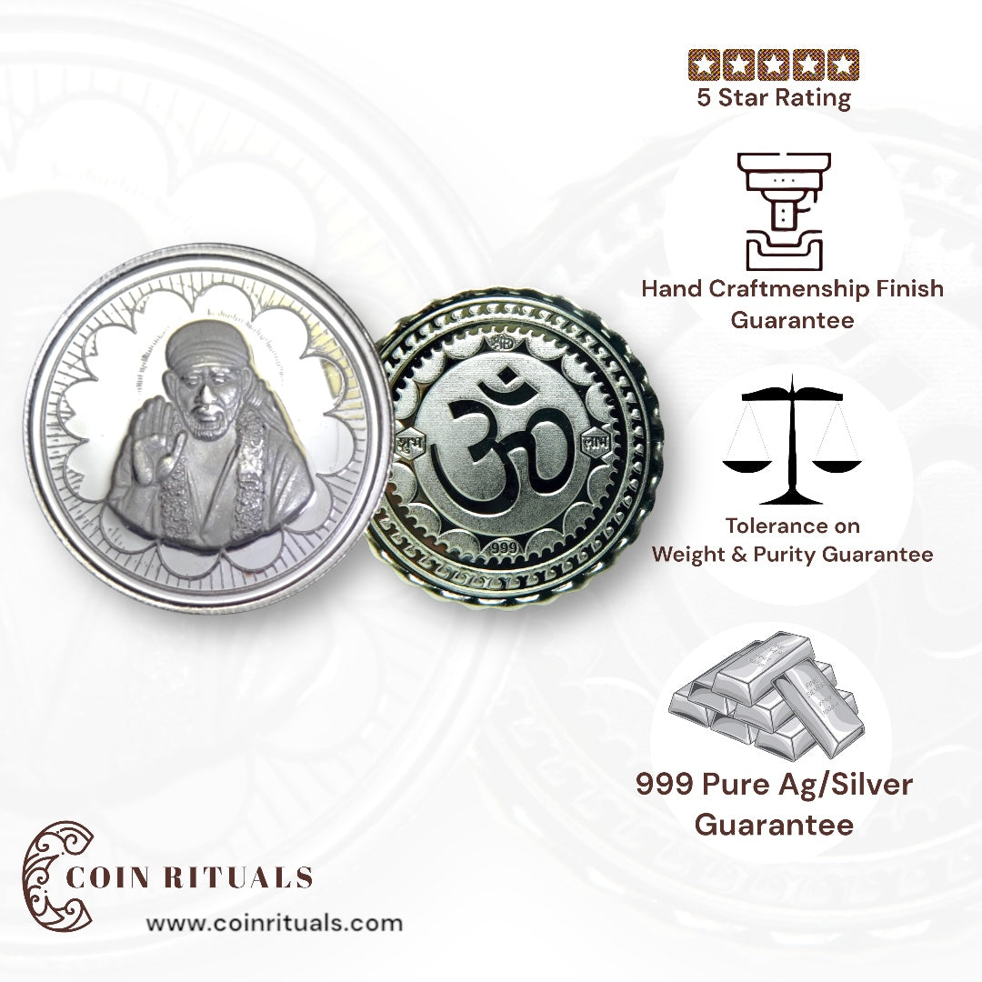 God Sai Baba - 3D Silver Coin 24KT Purity 999 Round Shape - Backside Om - Coin Rituals