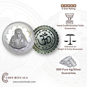 God Sai Baba - 3D Silver Coin 24KT Purity 999 Round Shape - Backside Om - Coin Rituals