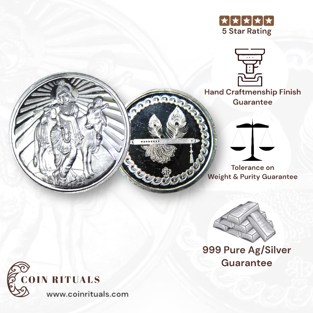 God Krishna With Cow/Gau Mata - 3D Silver Coin 24KT Purity 999 Round Shape - Backside Feather And Flute/Basuri - Coin Rituals