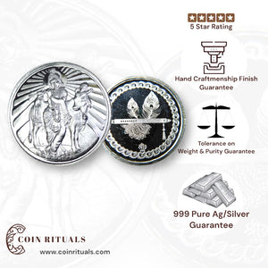 God Krishna With Cow/Gau Mata - 3D Silver Coin 24KT Purity 999 Round Shape - Backside Feather And Flute/Basuri - Coin Rituals