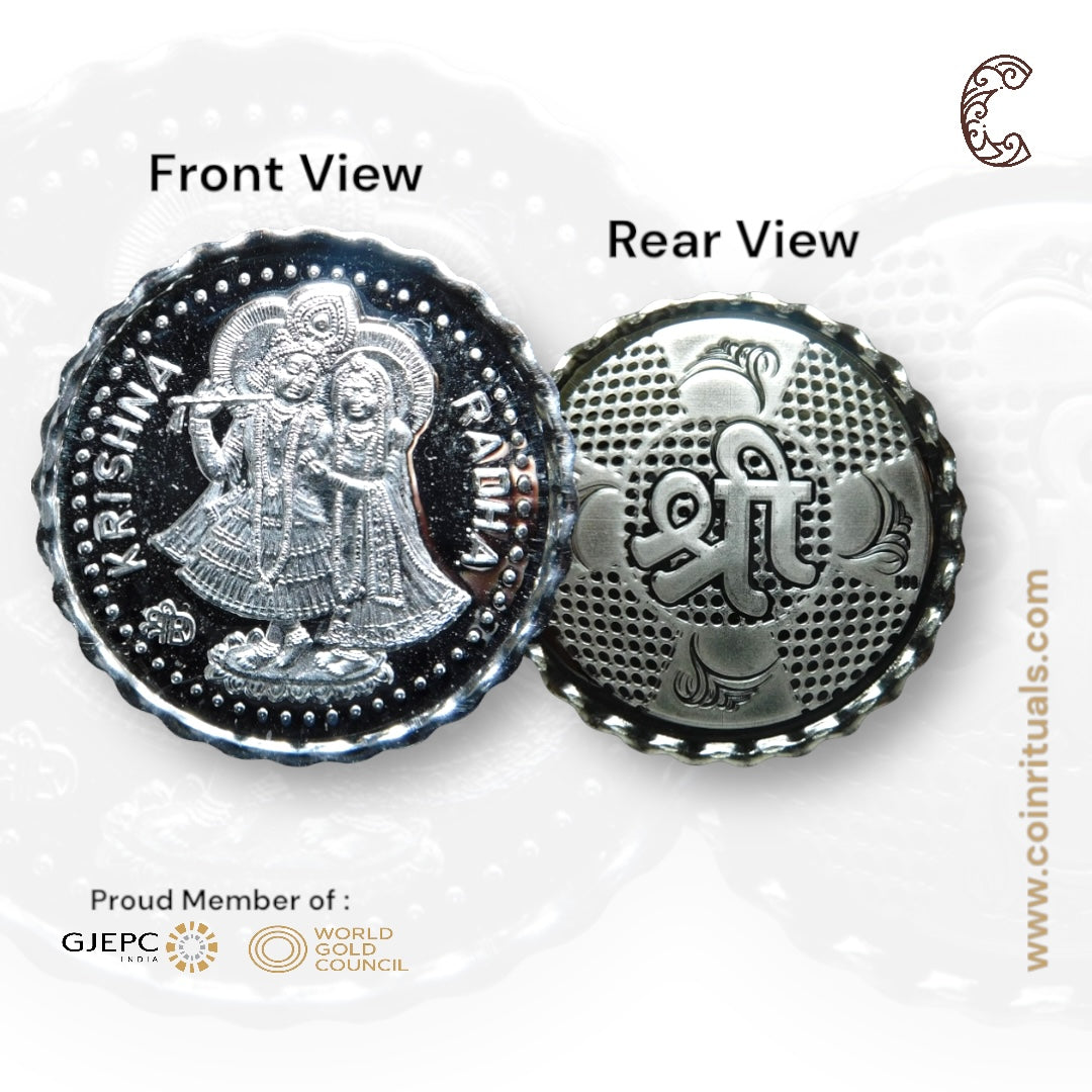 Goddess Radha & Krishna - 3D Silver Coin 24KT Purity 999 Round Shape - Backside Shree - Coin Rituals
