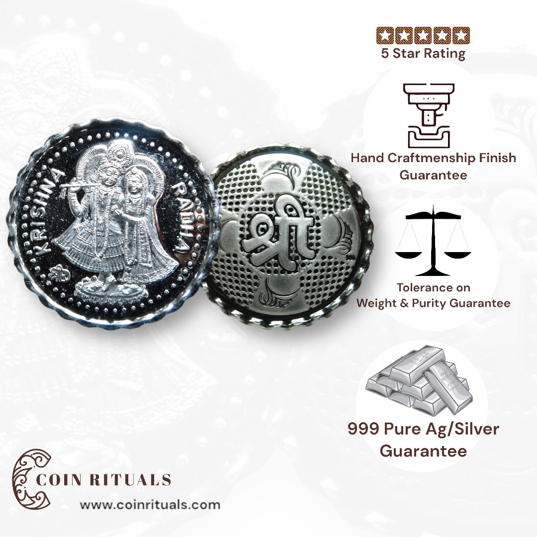 Goddess Radha & Krishna - 3D Silver Coin 24KT Purity 999 Round Shape - Backside Shree - Coin Rituals