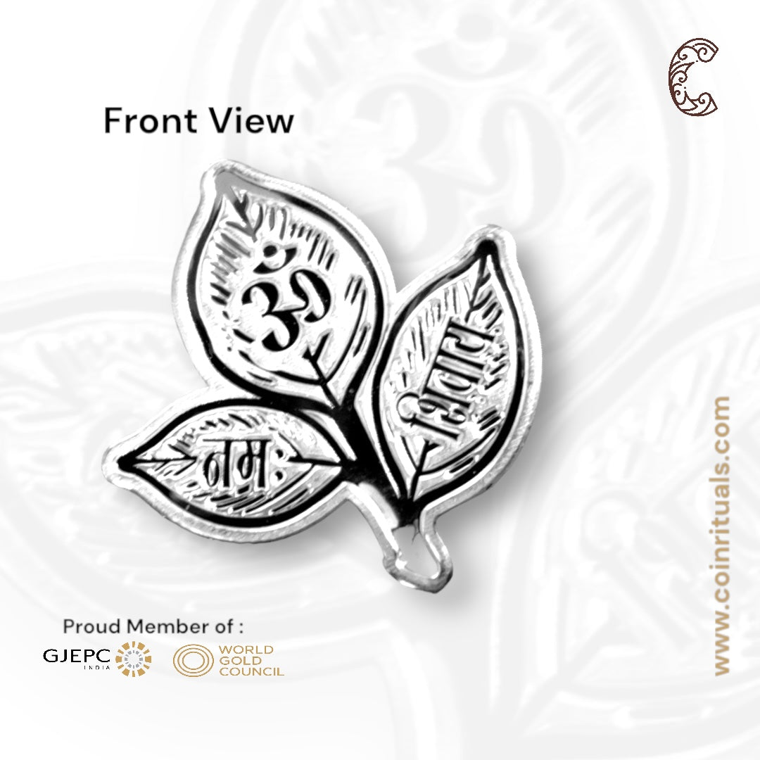 Belpatri - 3D Silver Coin 24KT Purity 999 Leaf Shape  Front side  - Backside Plain - Coin Rituals