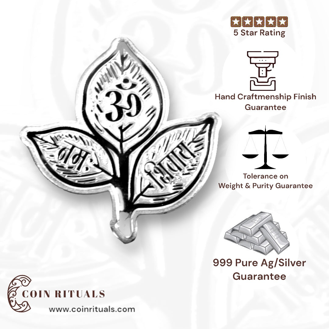 Belpatri - 3D Silver Coin 24KT Purity 999 Leaf Shape  Front side  - Backside Plain - Coin Rituals