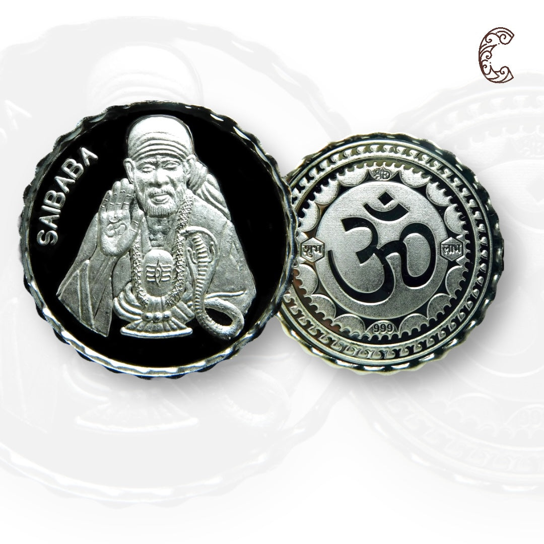 God Sai Baba With Shivling - 3D Silver Coin 24KT Purity 999 Round Shape - Backside Om - Coin Rituals