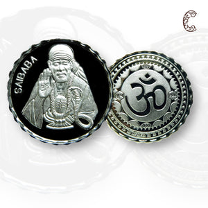 God Sai Baba With Shivling - 3D Silver Coin 24KT Purity 999 Round Shape - Backside Om - Coin Rituals