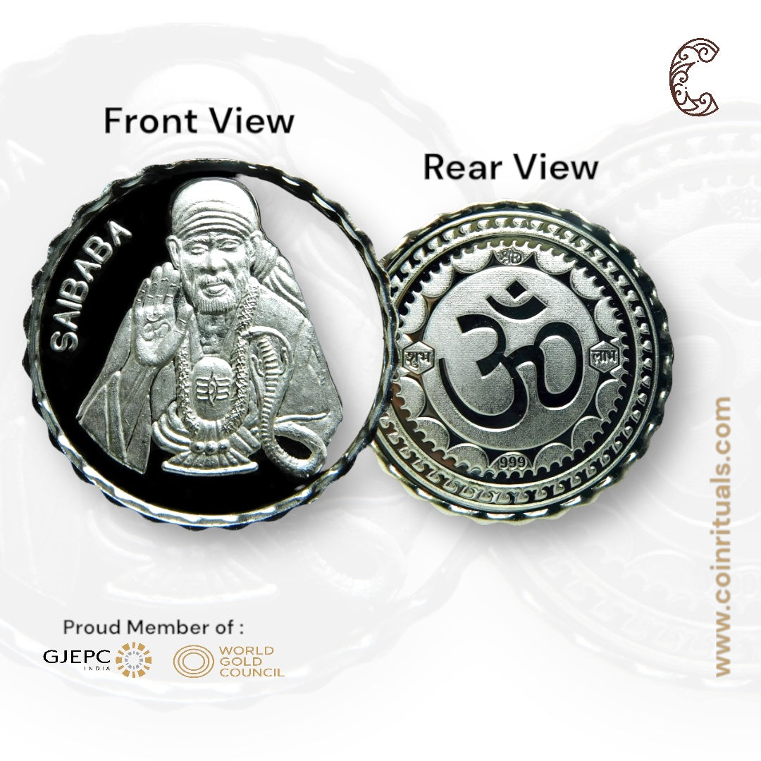God Sai Baba With Shivling - 3D Silver Coin 24KT Purity 999 Round Shape - Backside Om - Coin Rituals