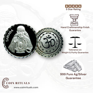 God Sai Baba With Shivling - 3D Silver Coin 24KT Purity 999 Round Shape - Backside Om - Coin Rituals