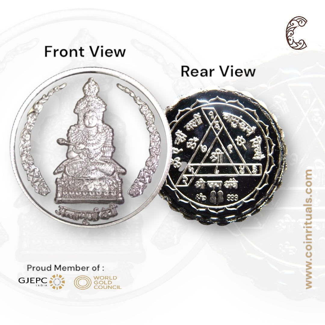 Goddess Maa Anapurna - 3D Silver Coin 24KT Purity 999 Round Shape - Backside Durga Yantra - Coin Rituals