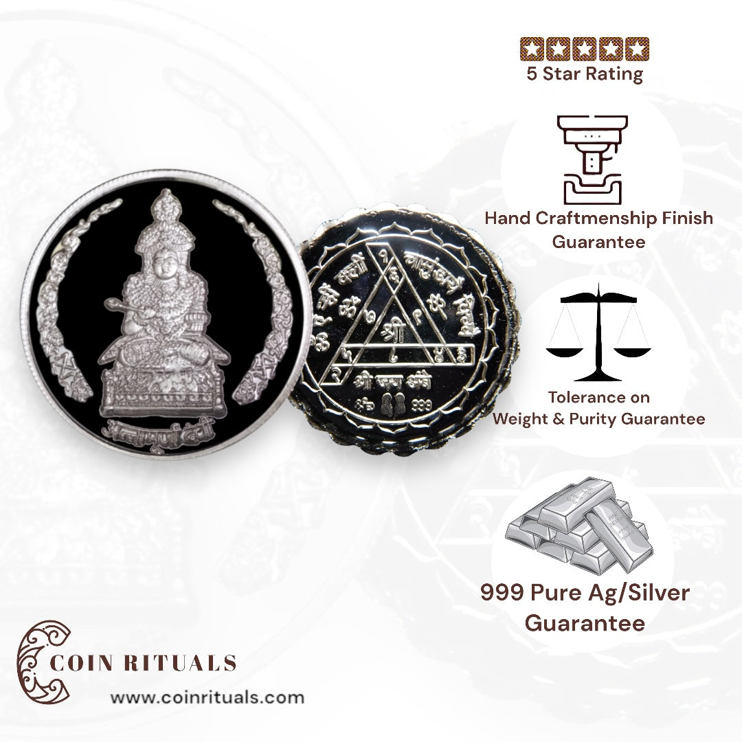 Goddess Maa Anapurna - 3D Silver Coin 24KT Purity 999 Round Shape - Backside Durga Yantra - Coin Rituals
