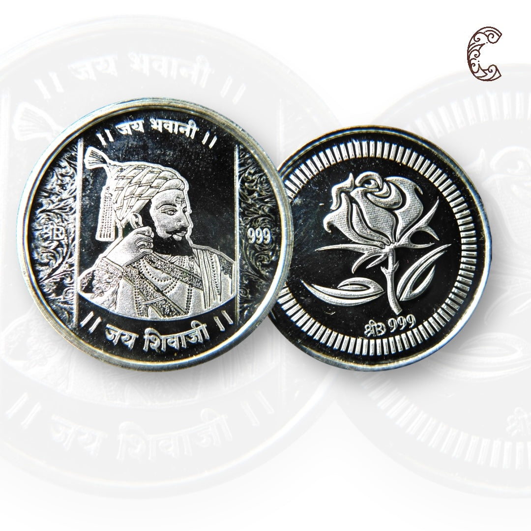 Chatrapati Shivaji Maharaj - 3D Silver Coin 24KT Purity 999 Round Shape - Backside Flower - Coin Rituals