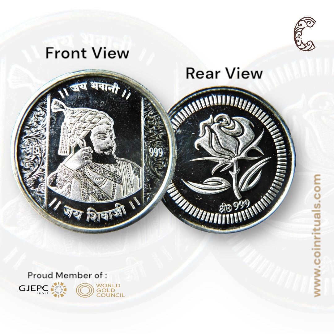 Chatrapati Shivaji Maharaj - 3D Silver Coin 24KT Purity 999 Round Shape - Backside Flower - Coin Rituals
