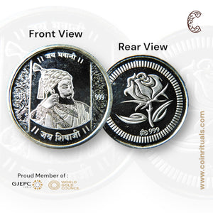 Chatrapati Shivaji Maharaj - 3D Silver Coin 24KT Purity 999 Round Shape - Backside Flower - Coin Rituals