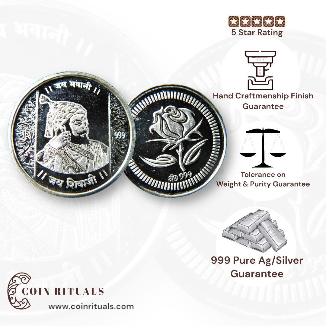 Chatrapati Shivaji Maharaj - 3D Silver Coin 24KT Purity 999 Round Shape - Backside Flower - Coin Rituals