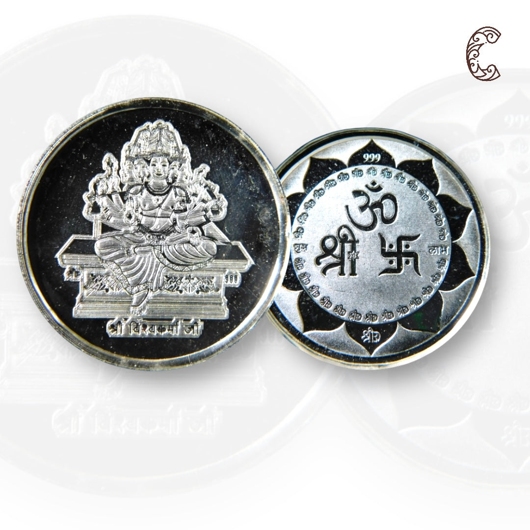 God Vishwakarma - 3D Silver Coin 24KT Purity 999 Round Shape - Backside Shree Om Swastik - Coin Rituals