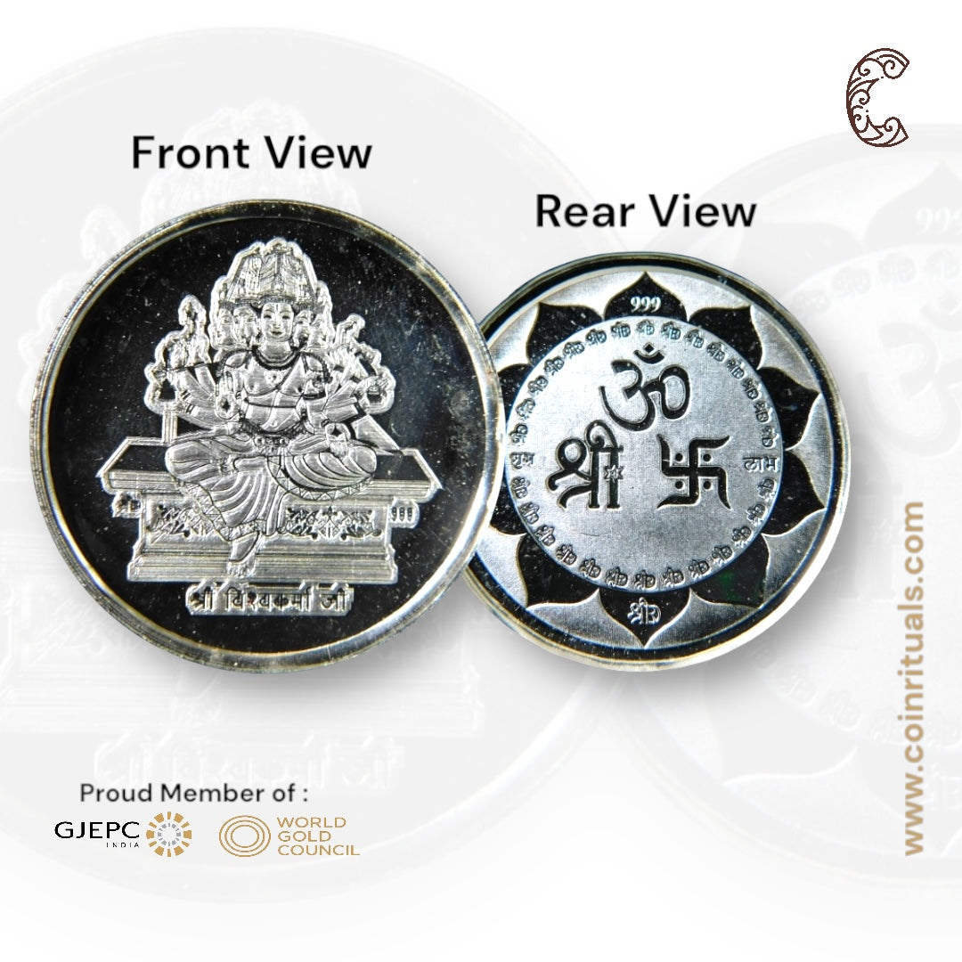 God Vishwakarma - 3D Silver Coin 24KT Purity 999 Round Shape - Backside Shree Om Swastik - Coin Rituals