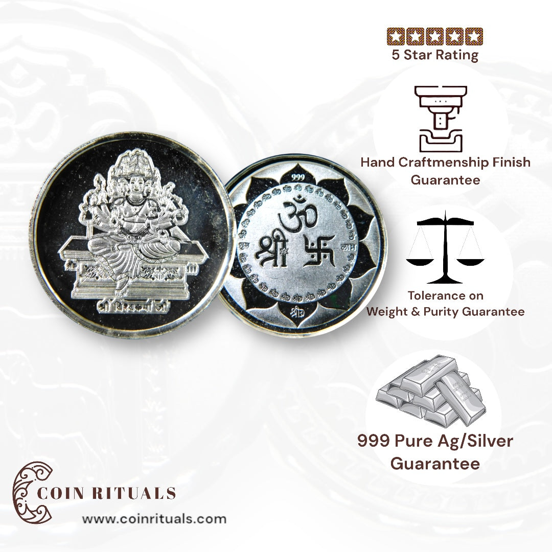 God Vishwakarma - 3D Silver Coin 24KT Purity 999 Round Shape - Backside Shree Om Swastik - Coin Rituals